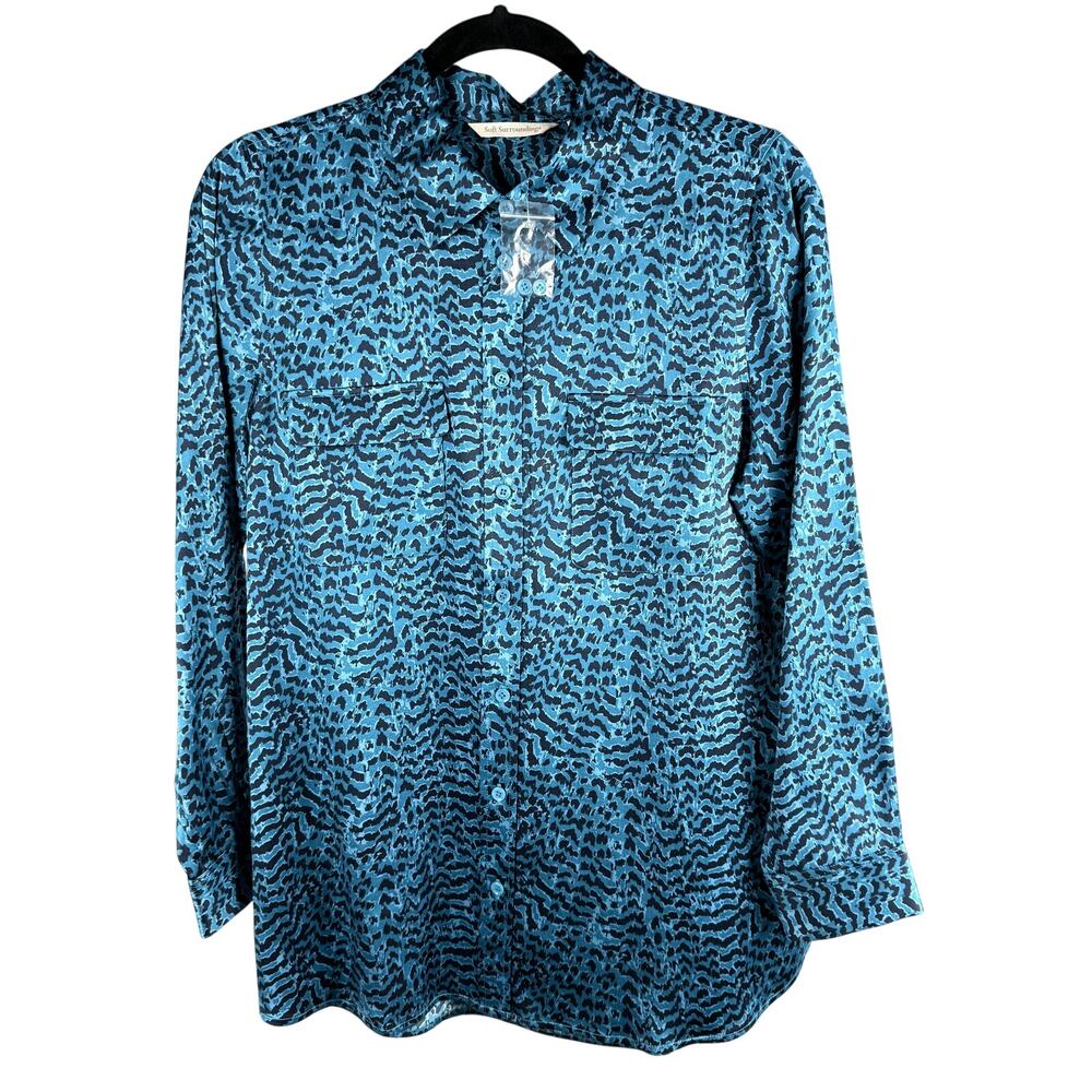 NWOT Soft Surroundings 100% Silk Animal Print Aqua Blue Shirt sz Med P
